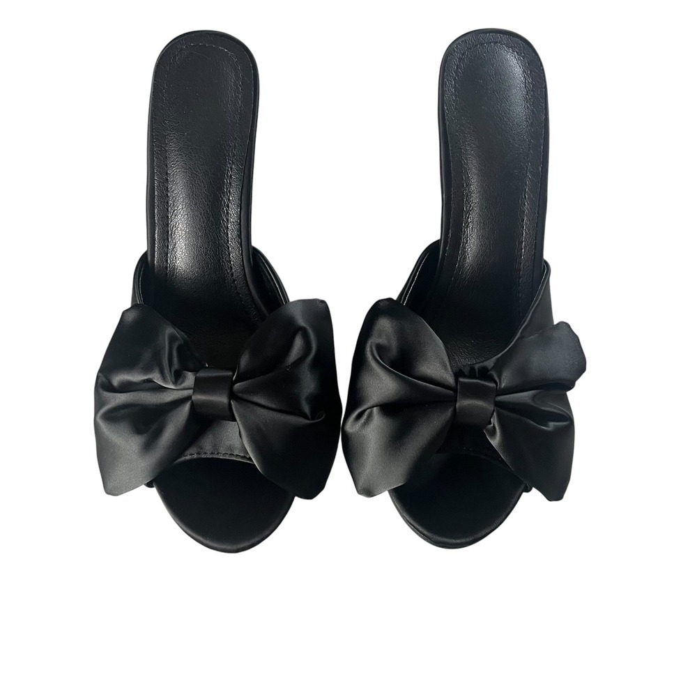 Satin Bow Stiletto Mules High Heels Women Size 8 Black Coquette Chic EU 39 - Picture 7 of 12